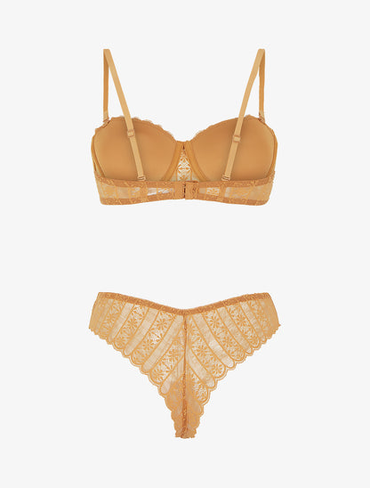 Ensemble soutien-gorge et tanga ajouré en dentelle - Camel - 2