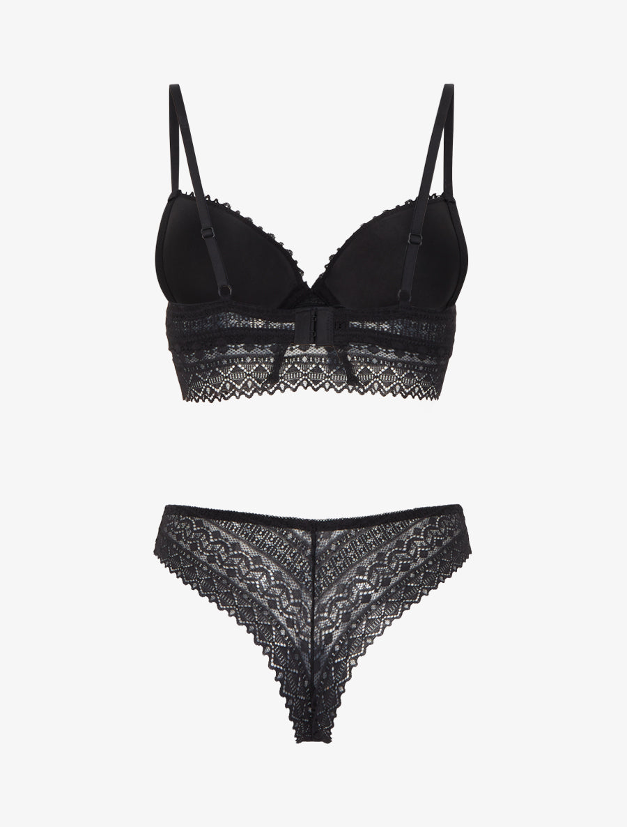 Ensemble soutien-gorge avec nœuds et tanga ajouré en dentelle - Noir - 2