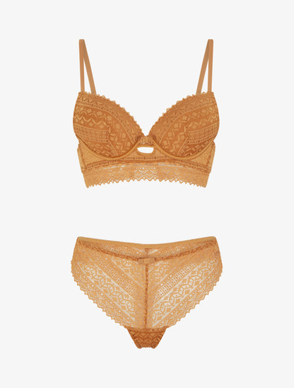 Ensemble soutien-gorge avec nœuds et tanga ajouré en dentelle - Camel - 1