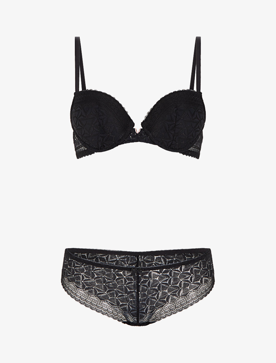 Ensemble soutien-gorge et culotte ajouré et bijou - Noir - 1