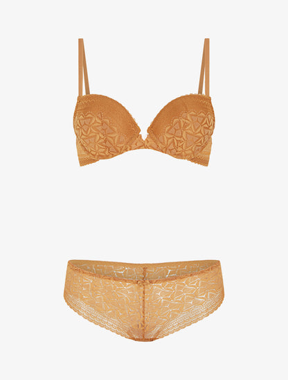 Ensemble soutien-gorge et culotte ajouré et bijou - Camel - 1