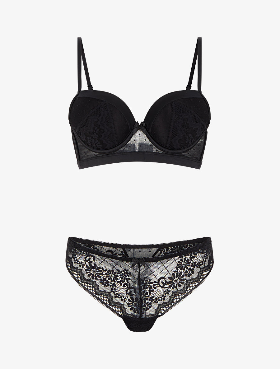 Ensemble soutien-gorge et tanga ajouré à détail satiné - Noir - 1