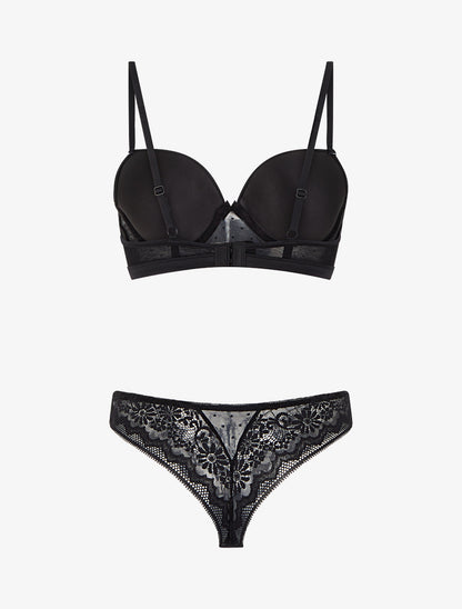 Ensemble soutien-gorge et tanga ajouré à détail satiné - Noir - 2