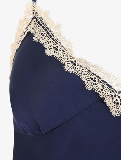 Ensemble caraco et short de pyjama satiné à dentelle - Marine - 3