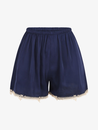 Ensemble caraco et short de pyjama satiné à dentelle - Marine - 4