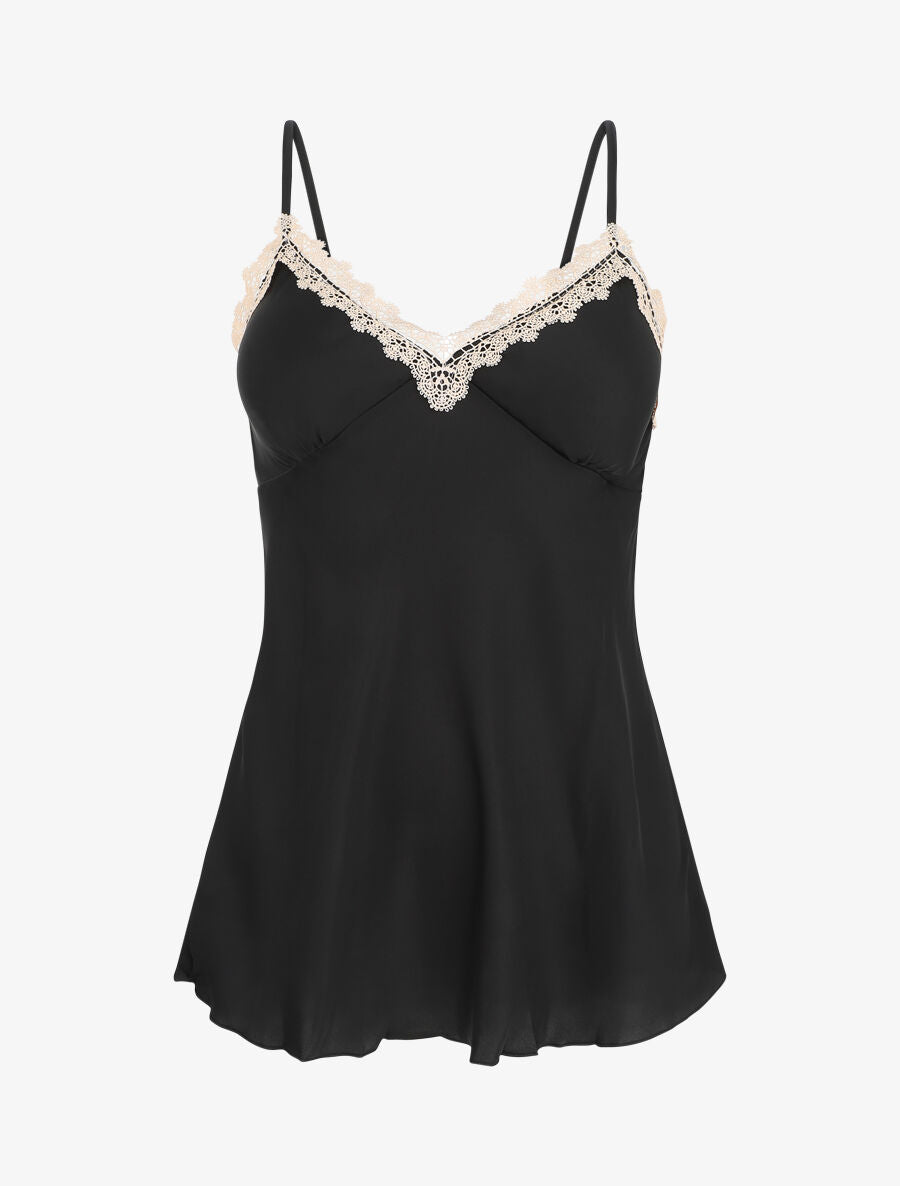 Ensemble caraco et short de pyjama satiné à dentelle - Noir - 1
