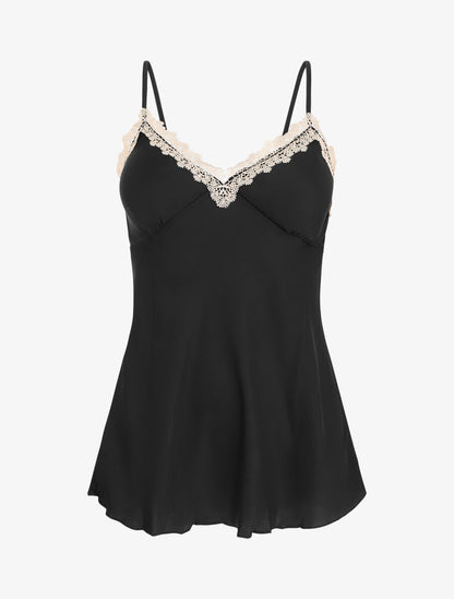 Ensemble caraco et short de pyjama satiné à dentelle - Noir - 1