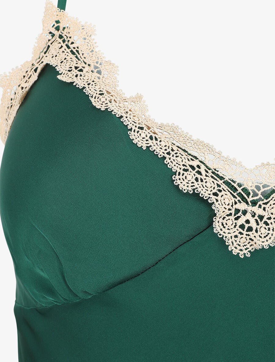 Ensemble caraco et short de pyjama satiné à dentelle - Vert foncé - 3